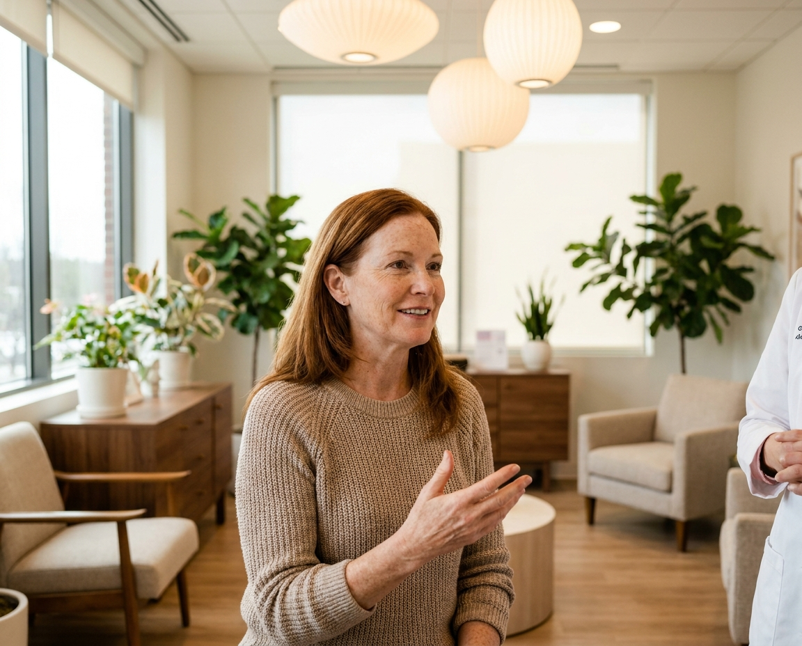 A relaxed woman with auburn hair in a bright dermatologist consultation room having a calm conversation