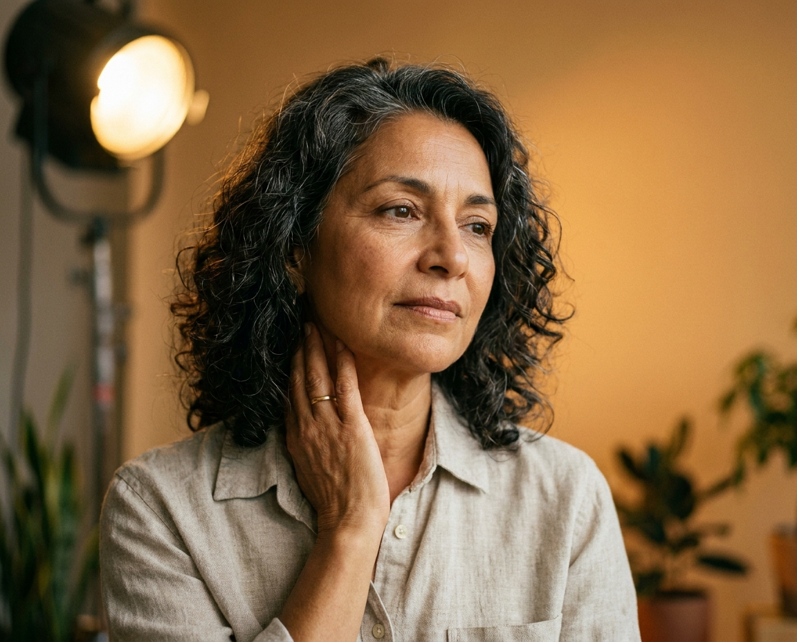 Editorial close-up portrait of a 58-year-old Latina woman with warm olive skin gently touching her neck in soft studio sidelight