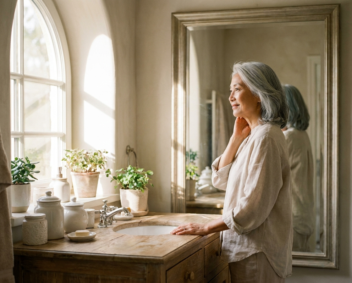 A graceful 65-year-old Asian woman with silver hair looking confidently at her reflection at a bright bathroom vanity