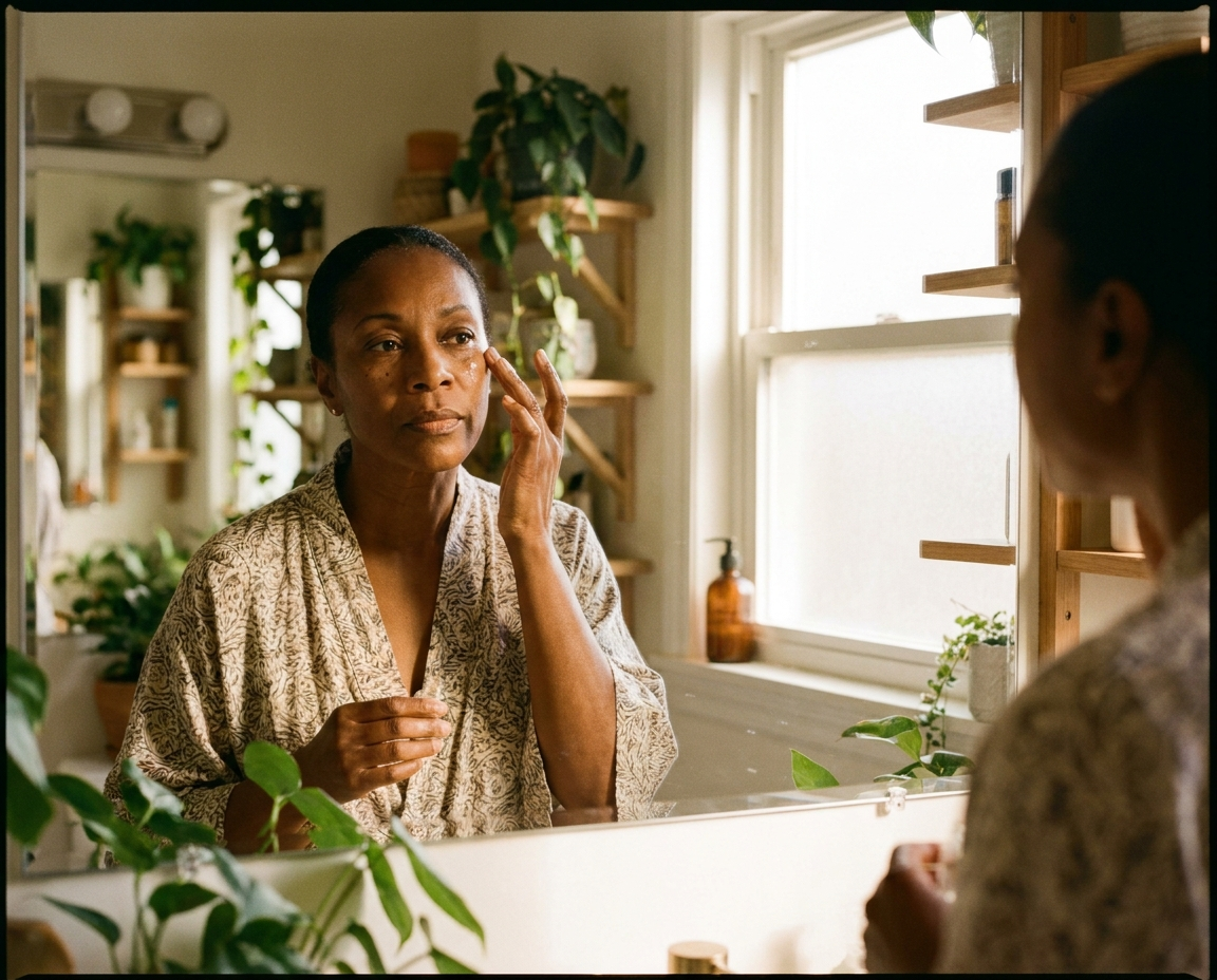 Woman in her 50s with dark skin tone applying serum at a bright bathroom mirror with confidence
