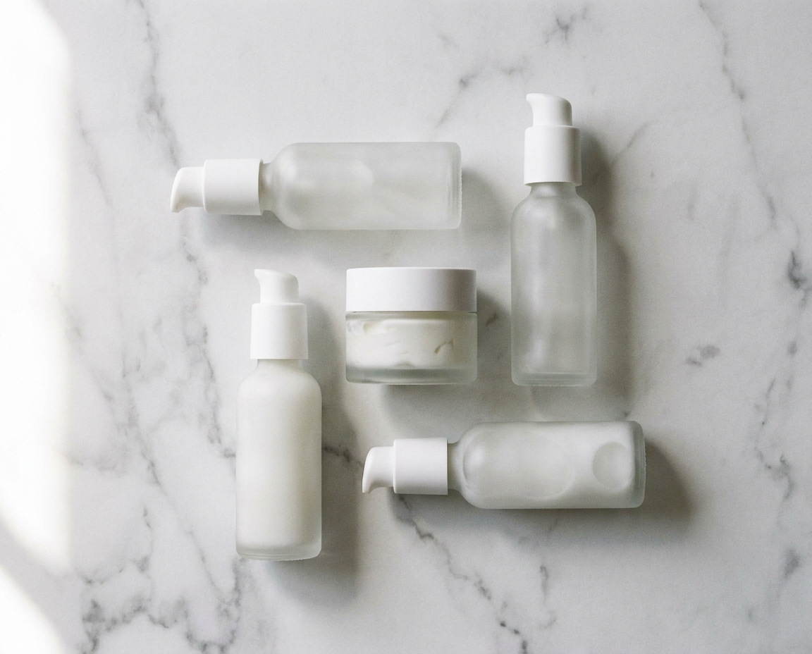 Flat lay of five minimalist contemporary skincare products arranged on white marble