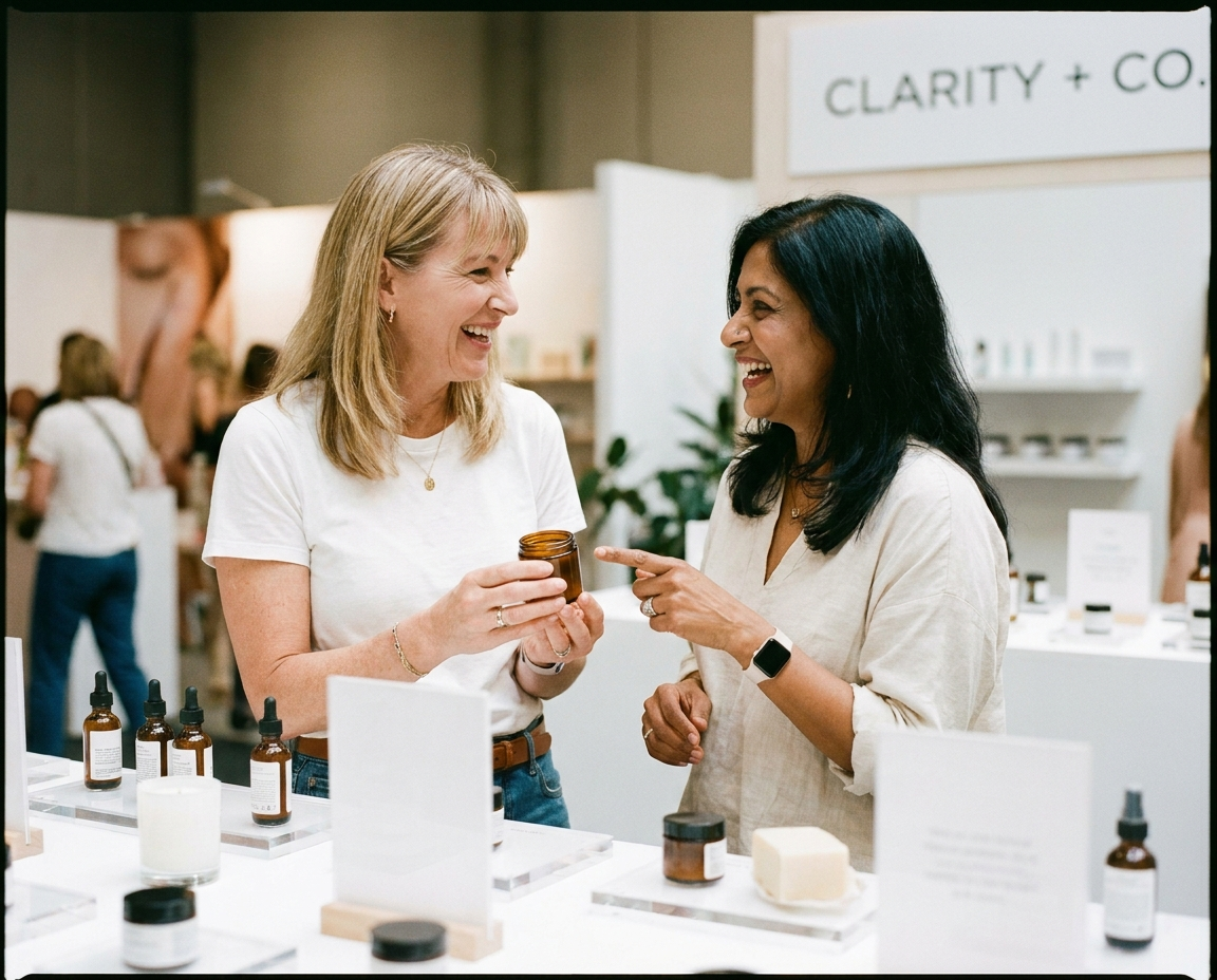 Two women in their 40s to 50s of different ethnicities examining a skincare product together at a beauty counter