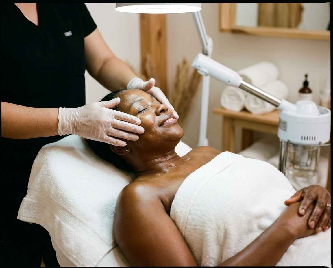 Woman with dark skin receiving a professional facial, aesthetician's hands gently working on her glowing face in a warm clinical spa environment