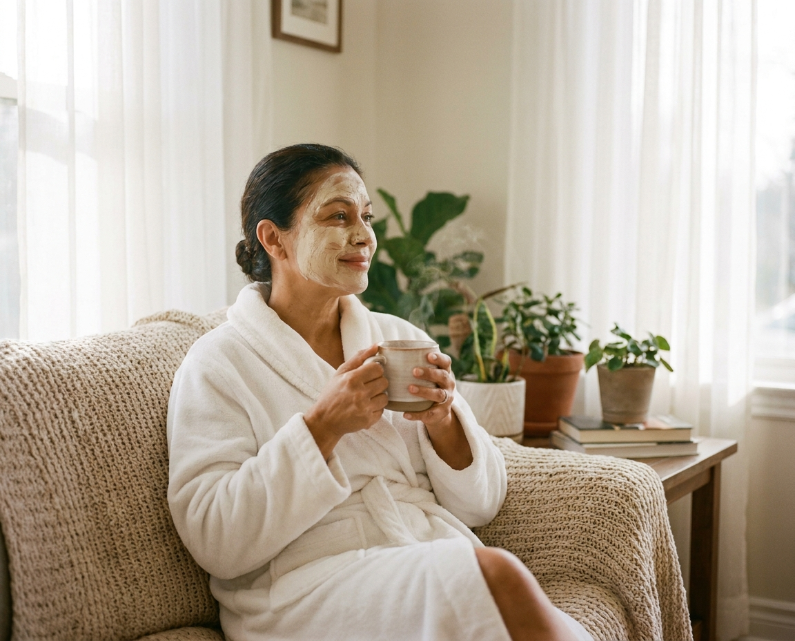 Woman in her mid-50s in a white robe with a clay face mask, holding a cup of herbal tea in a peaceful home spa setting