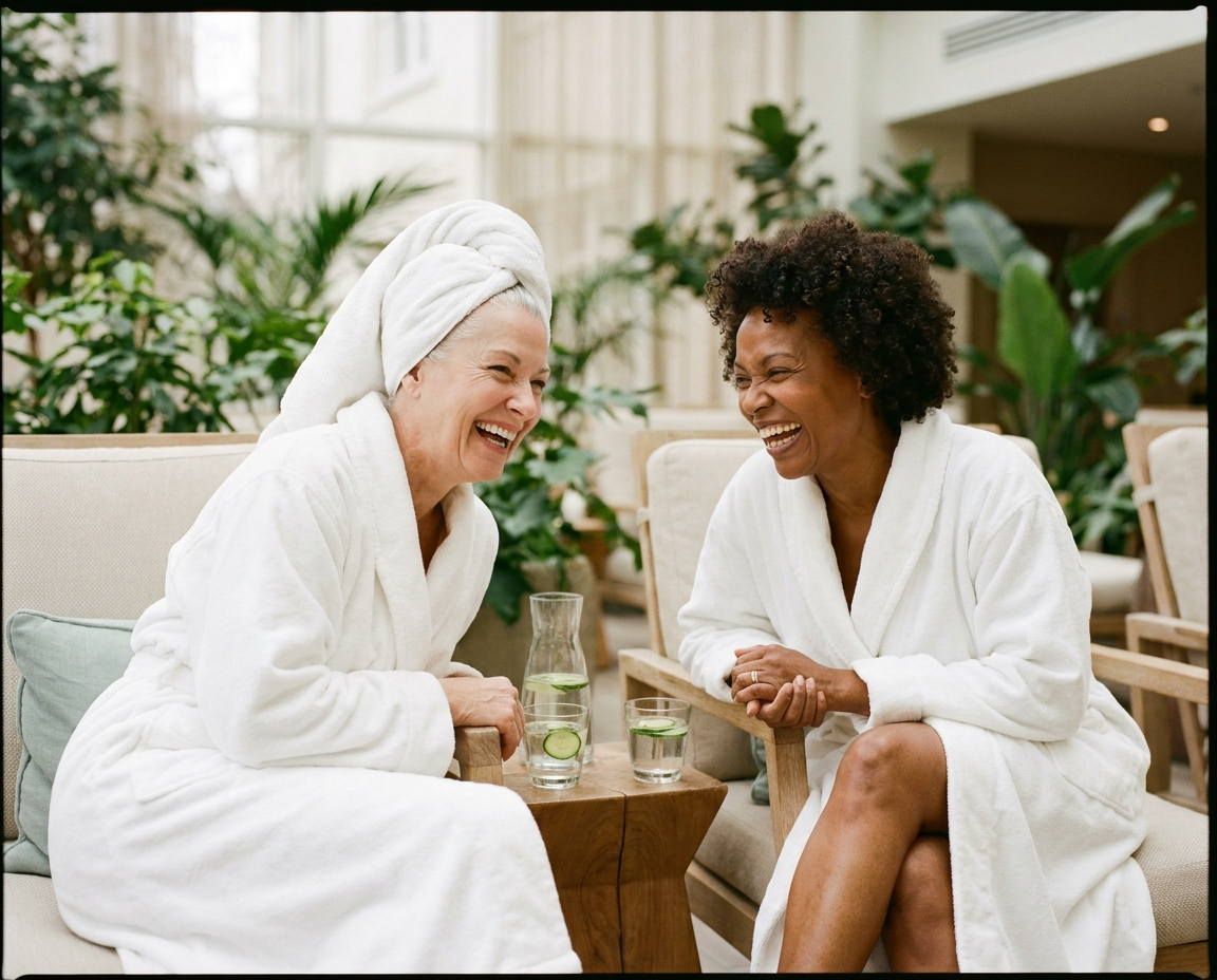 Two women in their 50s and 60s laughing together at a spa in robes and towel wraps, genuine joy and friendship
