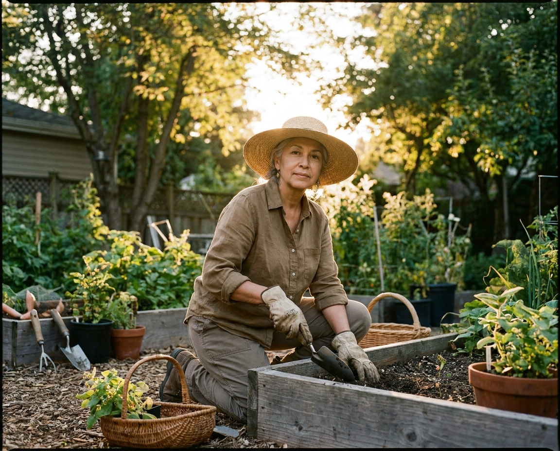 Woman in her late 50s gardening in long sleeves, gloves, and a wide-brim hat beside a raised garden bed