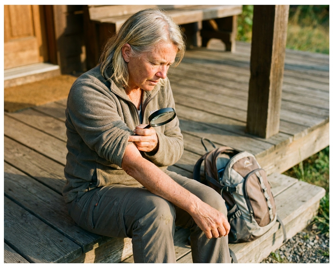 Woman in her 50s sitting on a porch step after a hike, carefully examining her forearm in afternoon light