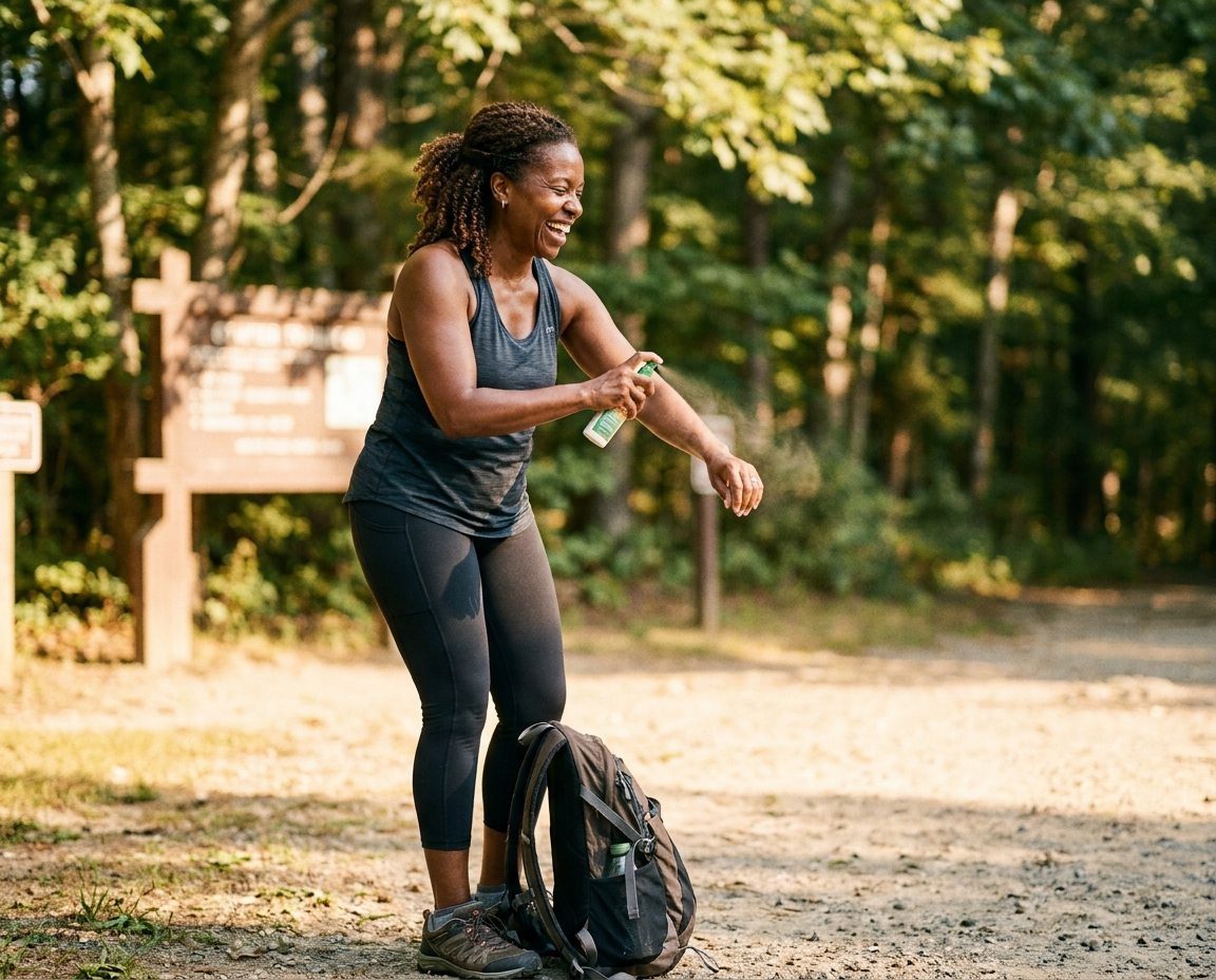 Woman with deep brown skin applying insect repellent to her arms at a trailhead before a morning hike