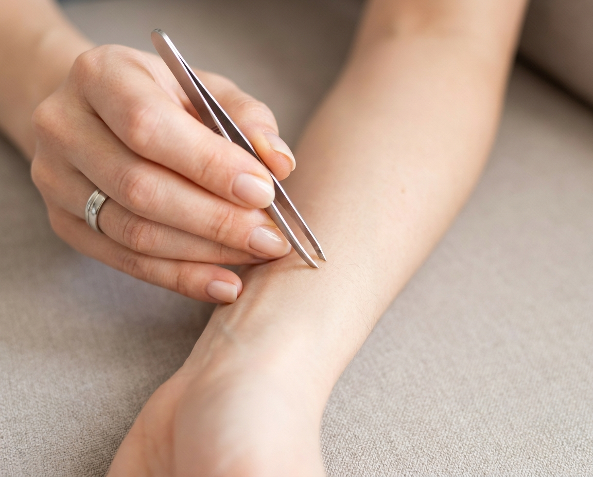 Close-up of hands holding fine-tipped tweezers in a calm, precise grip near the inner forearm