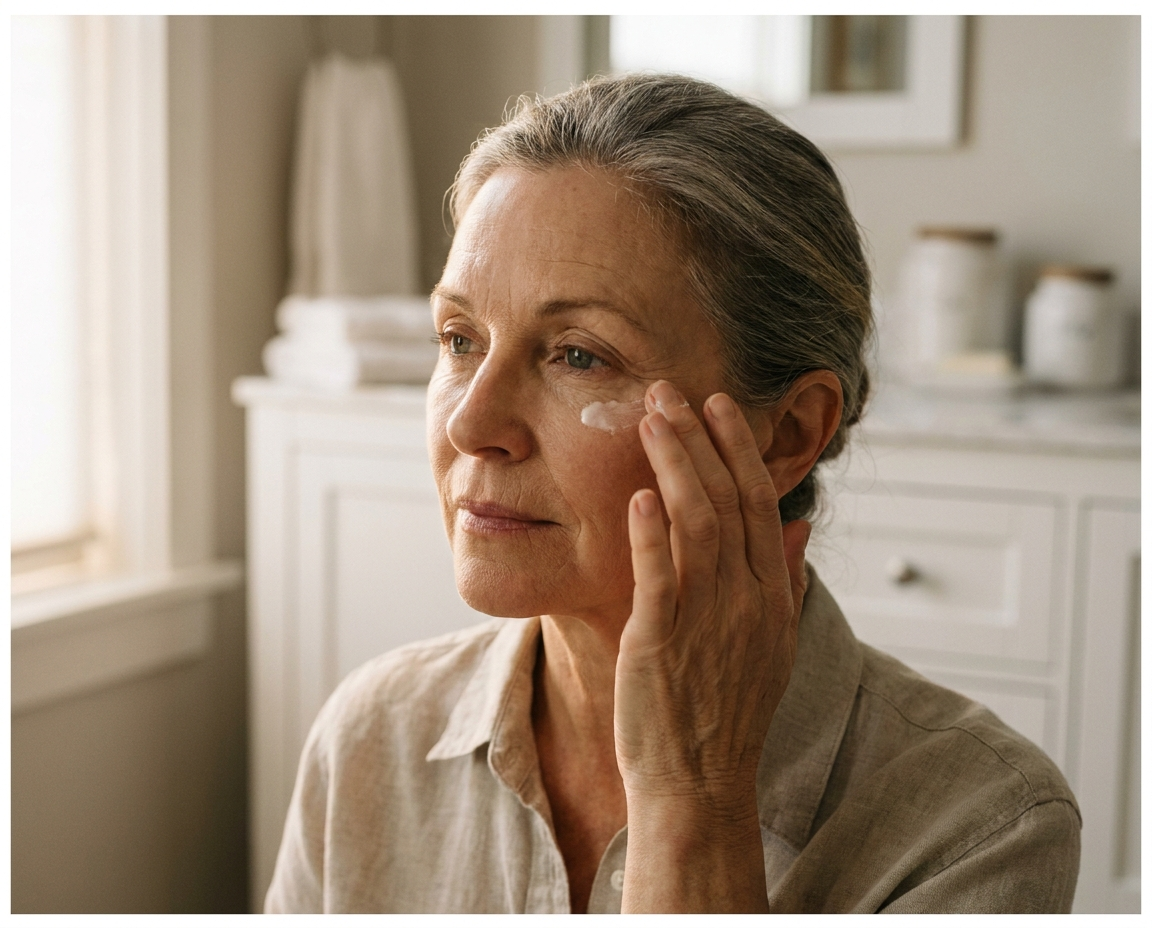 Older woman applying face cream in bathroom