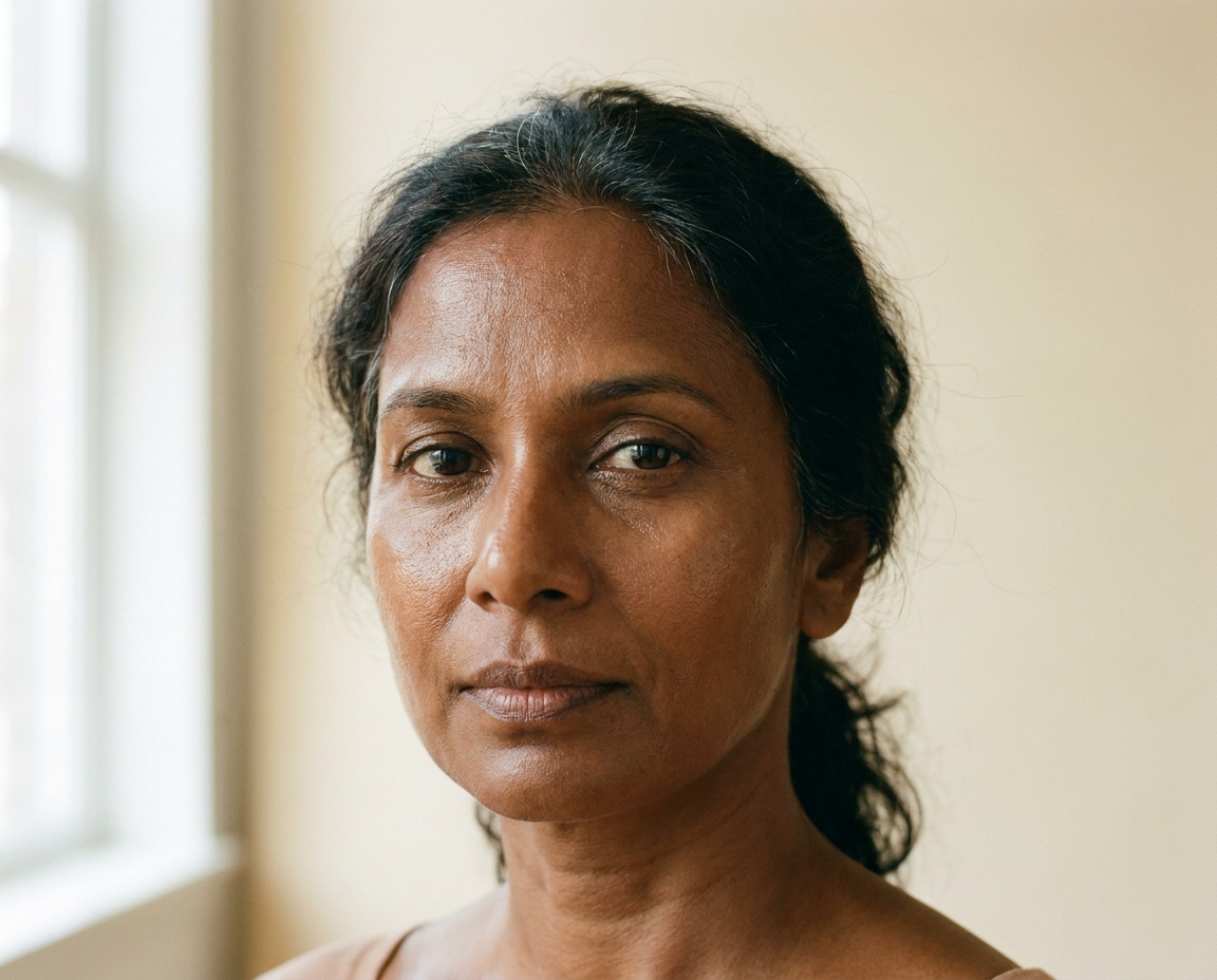 Close-up portrait of a South Asian woman in her late 40s with a dewy, healthy skin glow against a neutral background