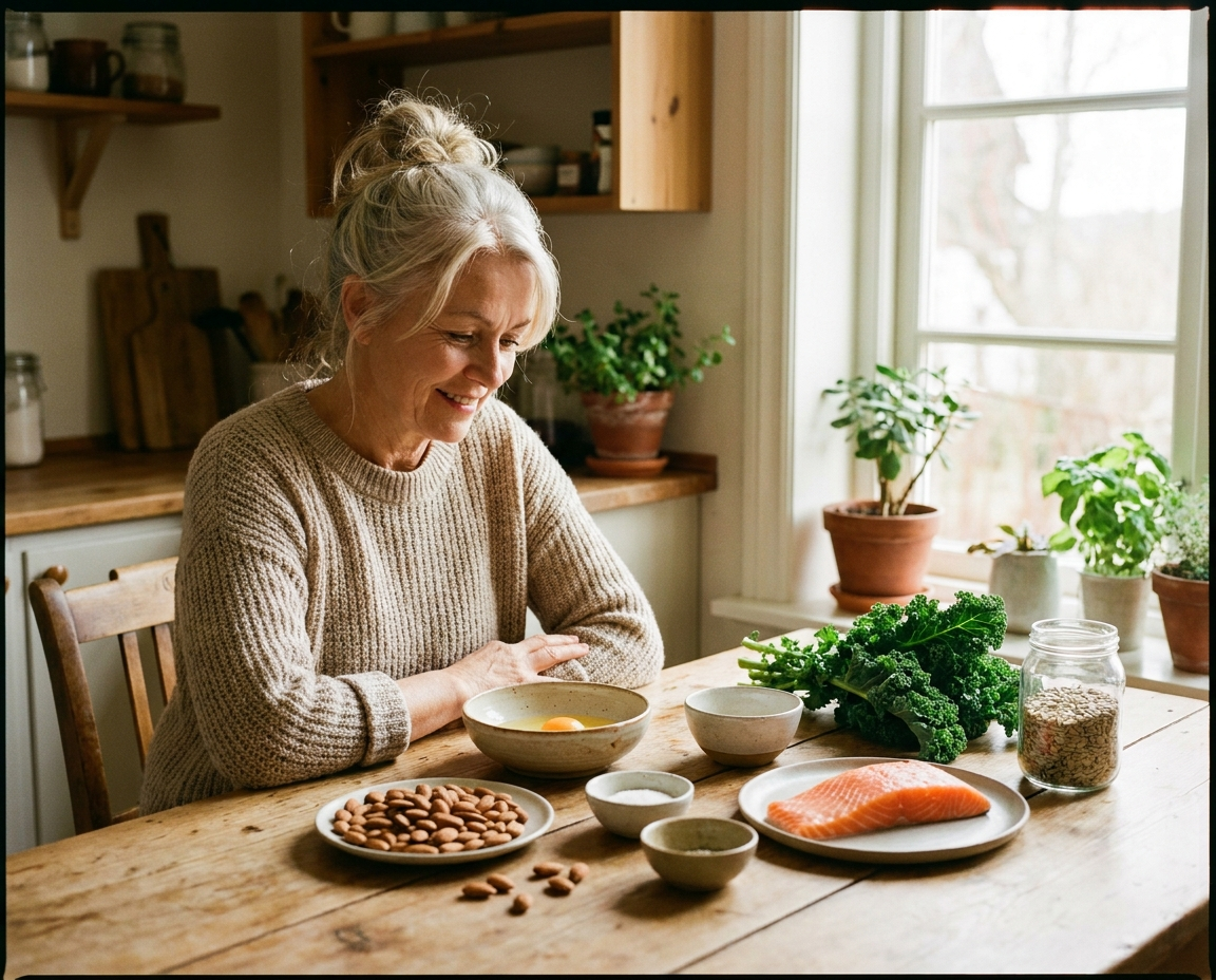 Caucasian woman in her late 50s at a bright kitchen table surrounded by whole foods rich in B vitamins and essential fatty acids