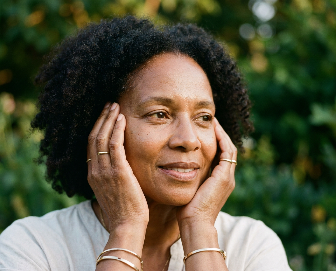 Black woman in her early 60s framing her face with both hands, showcasing healthy skin texture in warm natural light