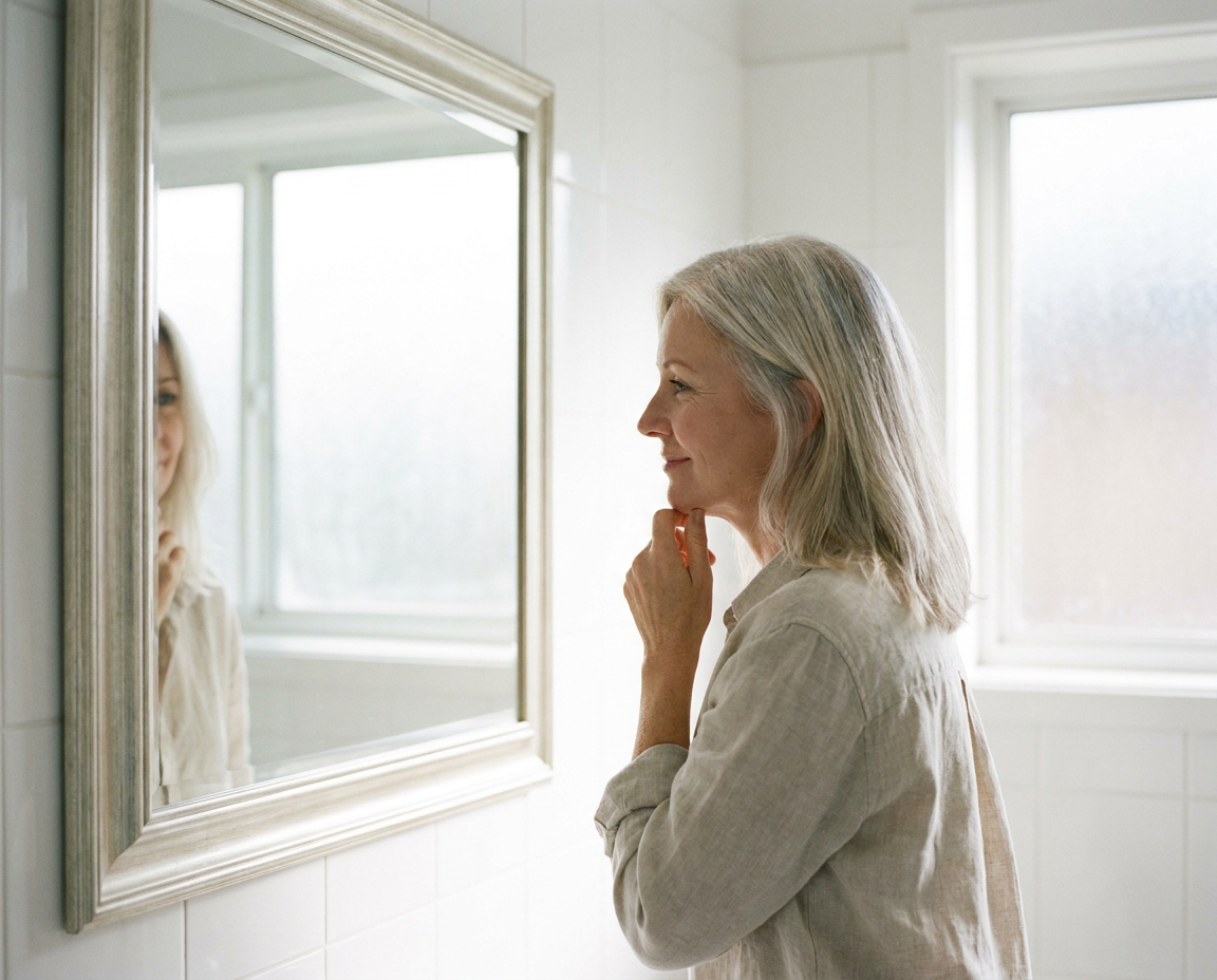 Caucasian woman in her mid-50s looking at her reflection in a bathroom mirror in soft morning light