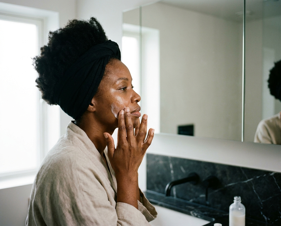 A Black woman in her 40s applying serum to her face at a modern bathroom counter, soft natural light