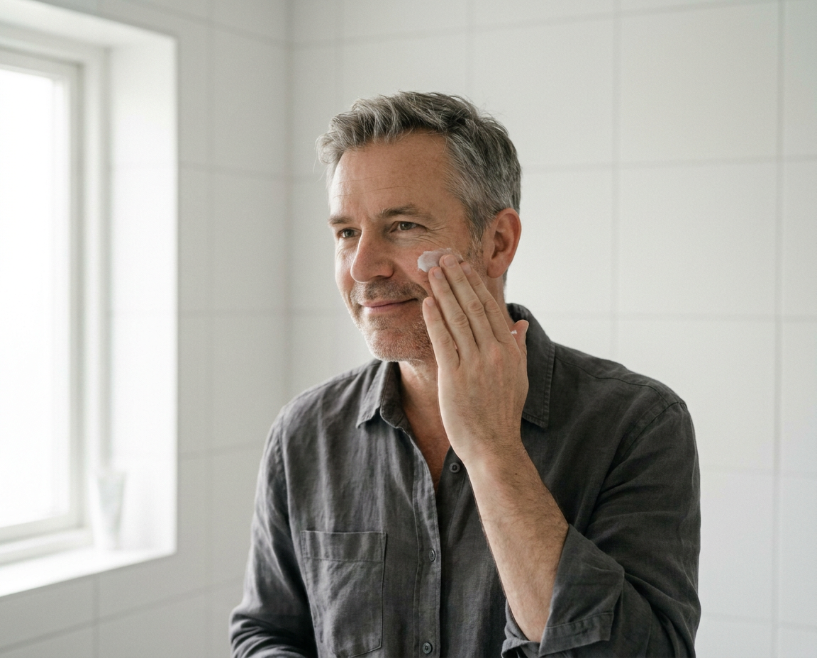 A Caucasian man in his late 50s patting moisturizer into his face in a minimalist white bathroom, relaxed morning routine