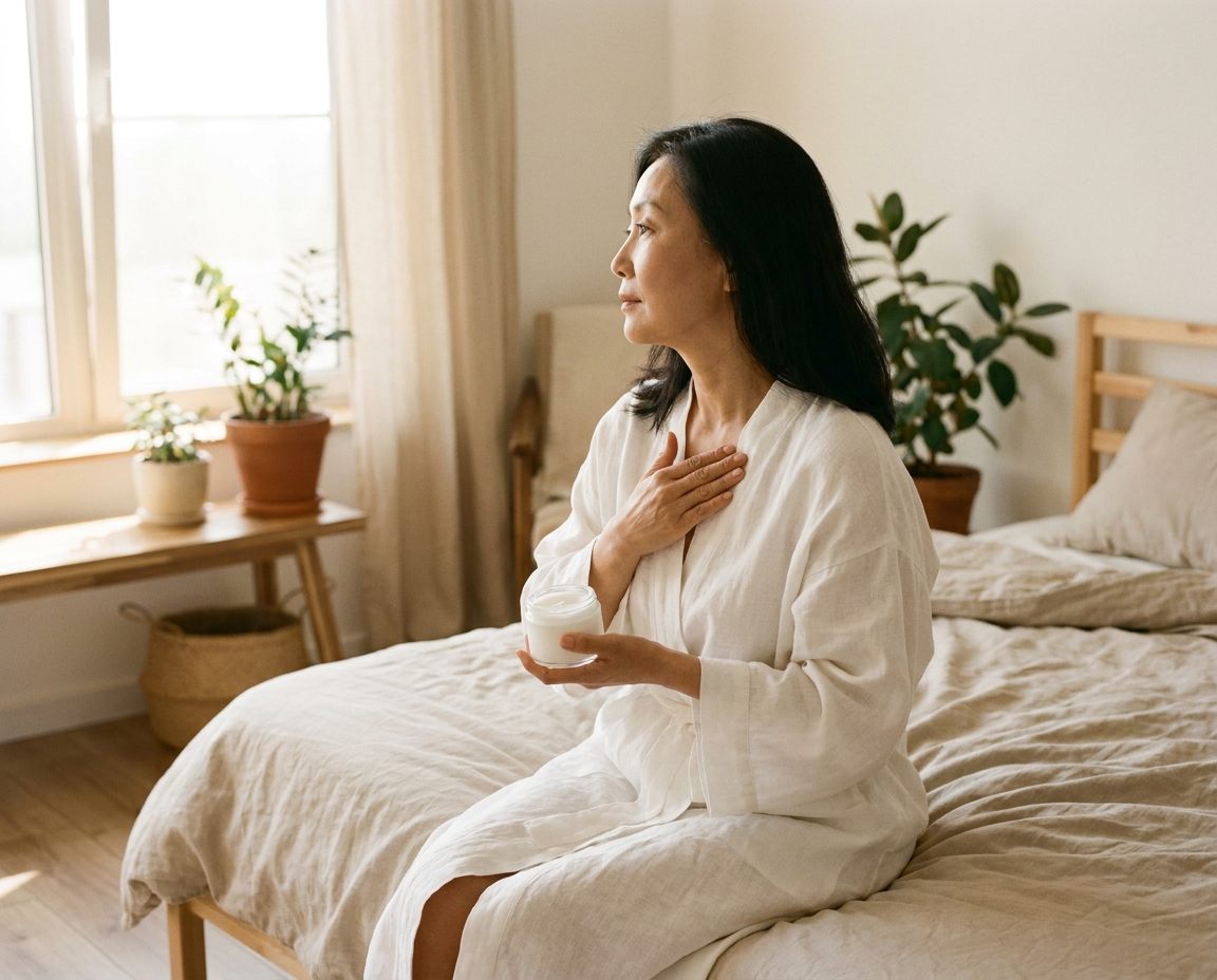 An Asian woman in her early 50s in a white robe applying face cream while seated on a linen-draped bed, warm morning light
