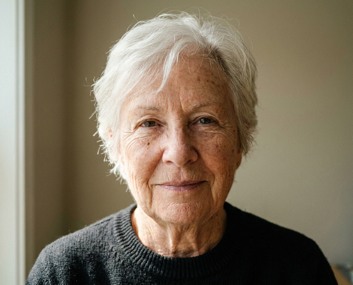 Close-up portrait of a Caucasian woman in her 70s with short white hair, calm confident expression, real skin texture visible