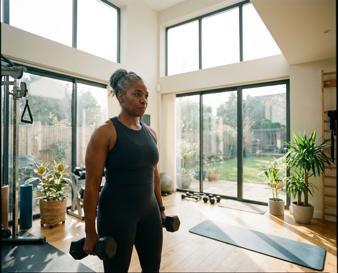Black woman in her early 50s doing dumbbell exercises in a bright home gym