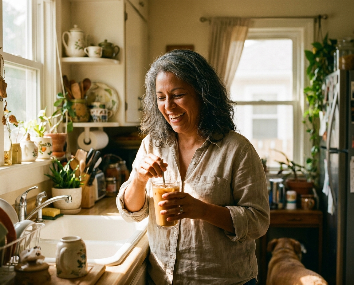 Latina woman in her late 40s stirring a supplement drink at a sunlit kitchen counter