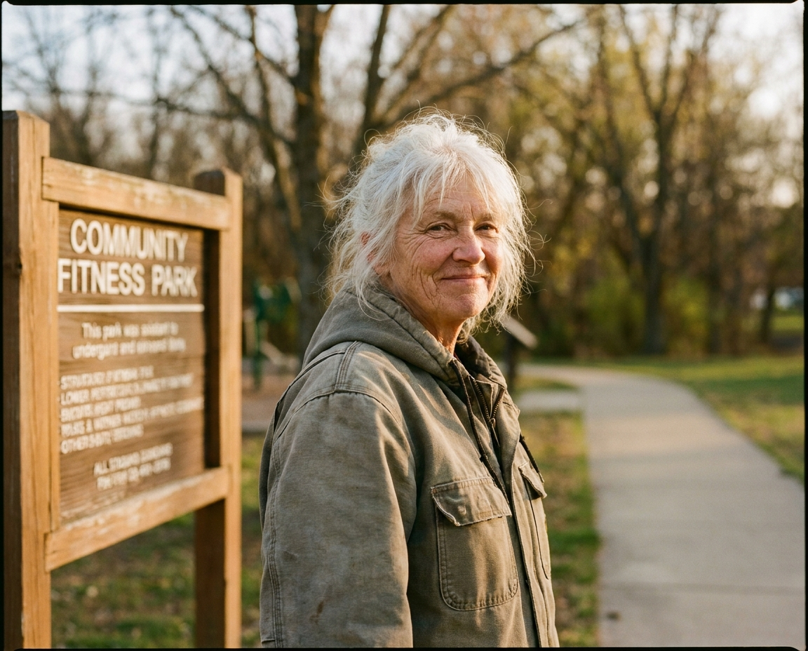 Caucasian woman in her early 60s with white hair standing outdoors with confident posture