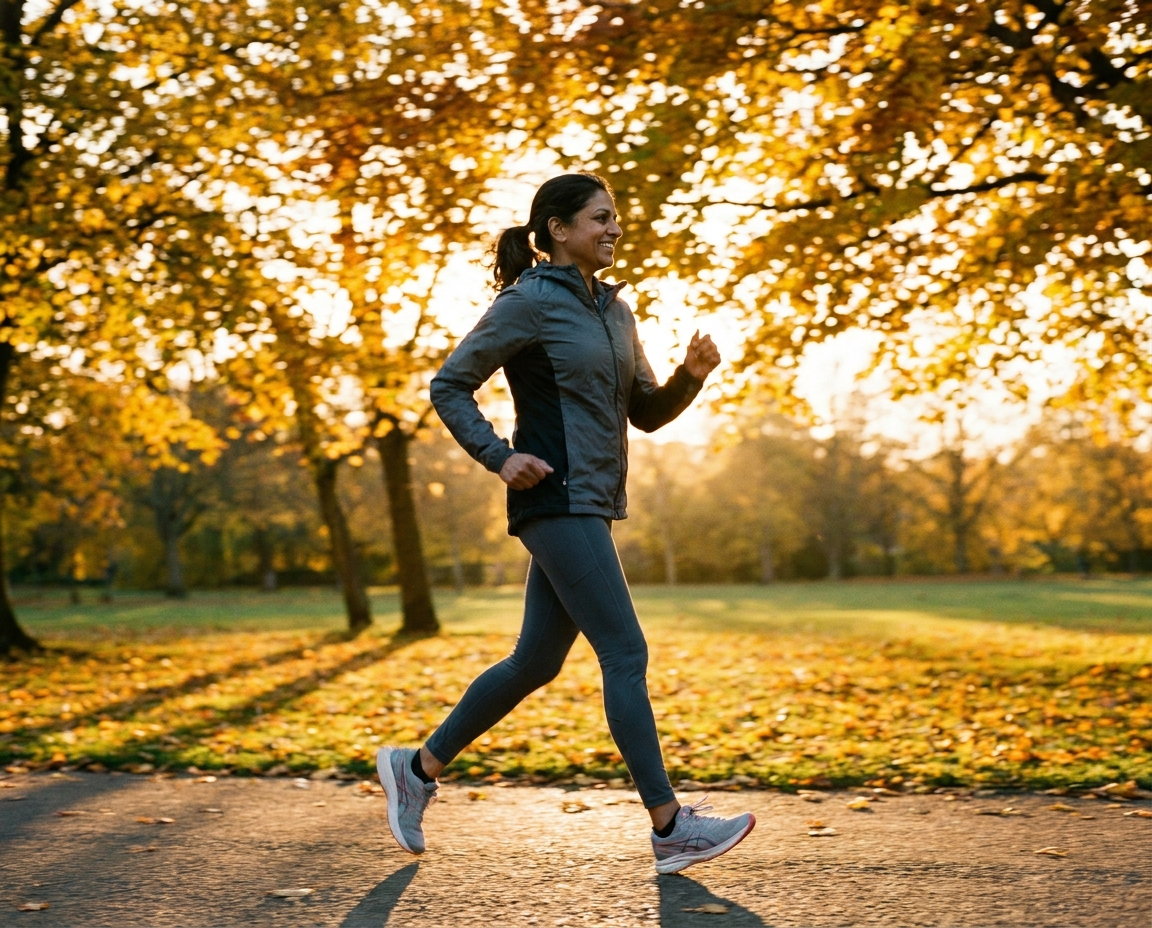 South Asian woman in her mid-50s walking briskly through an autumn park