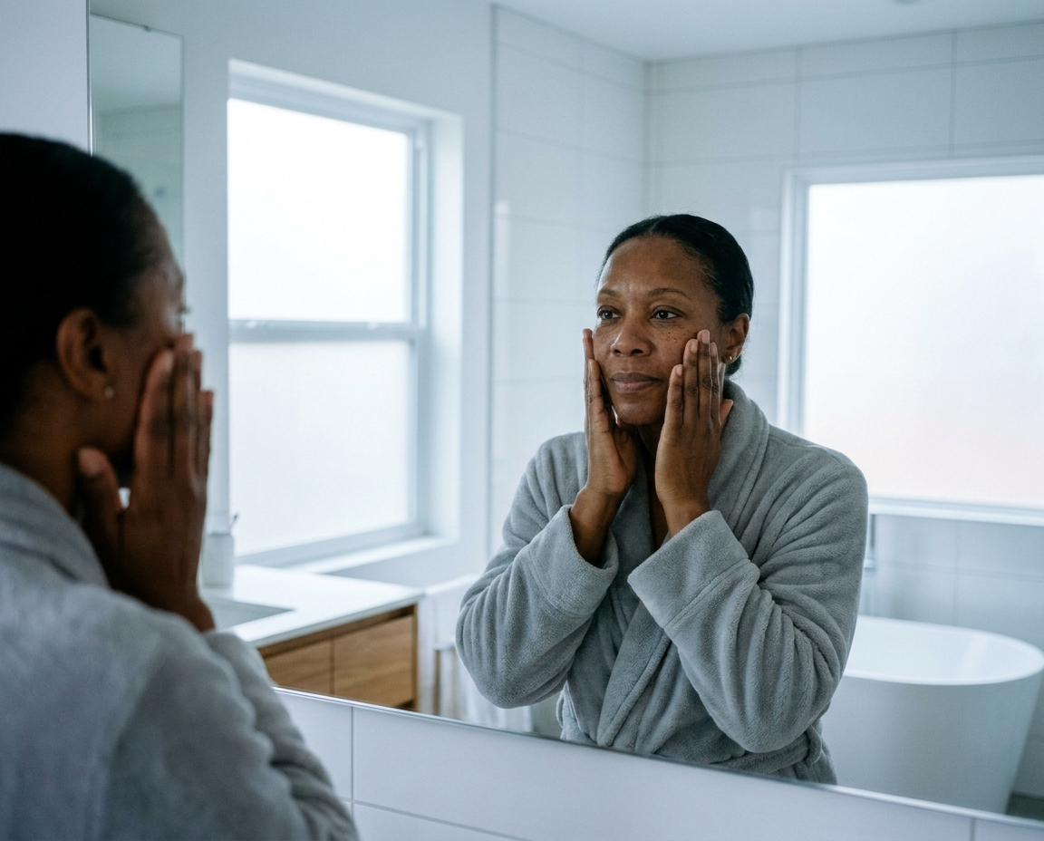Black woman in her late 40s with radiant smooth skin patting her cheeks in a minimal white bathroom
