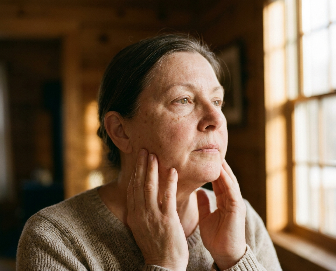 Caucasian woman in her early 60s with plump even skin pressing fingertips to her jawline in warm afternoon light