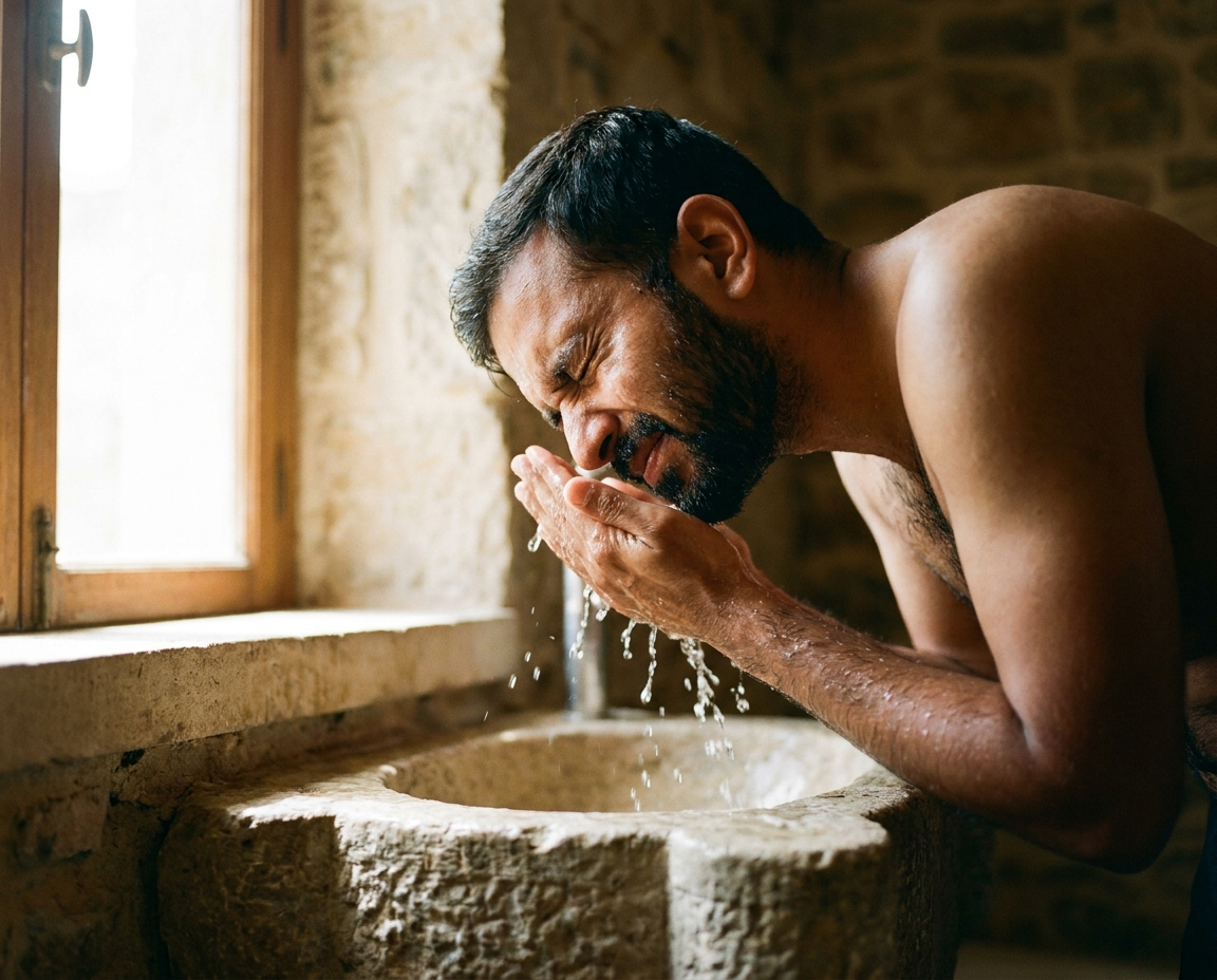 South Asian man in his early 30s splashing water on his face over a stone sink with eyes closed in natural light