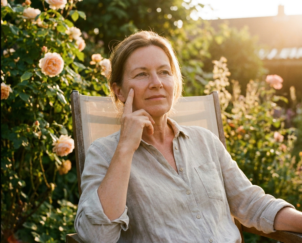 Caucasian woman in her mid-50s sitting in a sunlit garden chair touching her cheek in warm golden-hour light