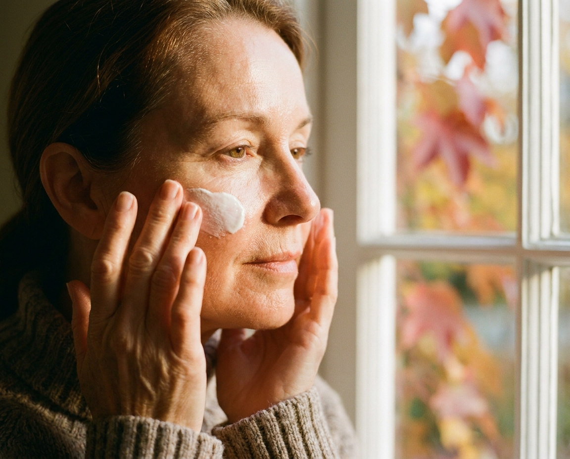 Woman applying moisturizer to cheek beside sunlit window