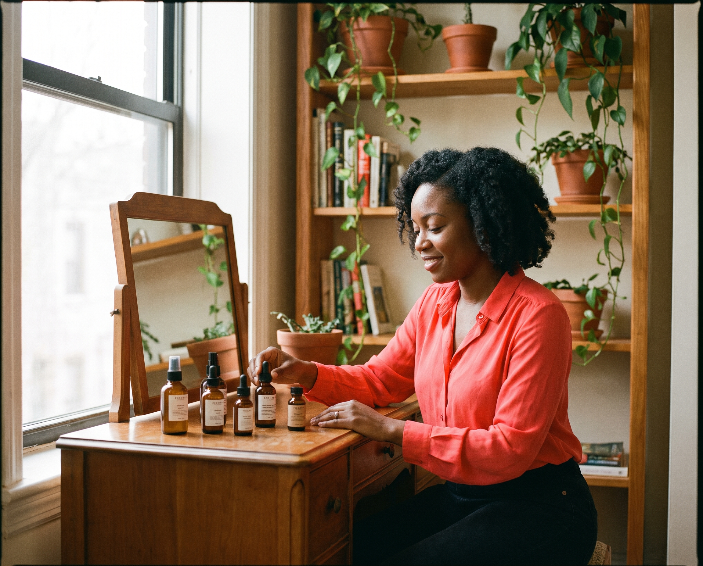 Black woman in her early 50s at a warm-wood vanity with skincare bottles