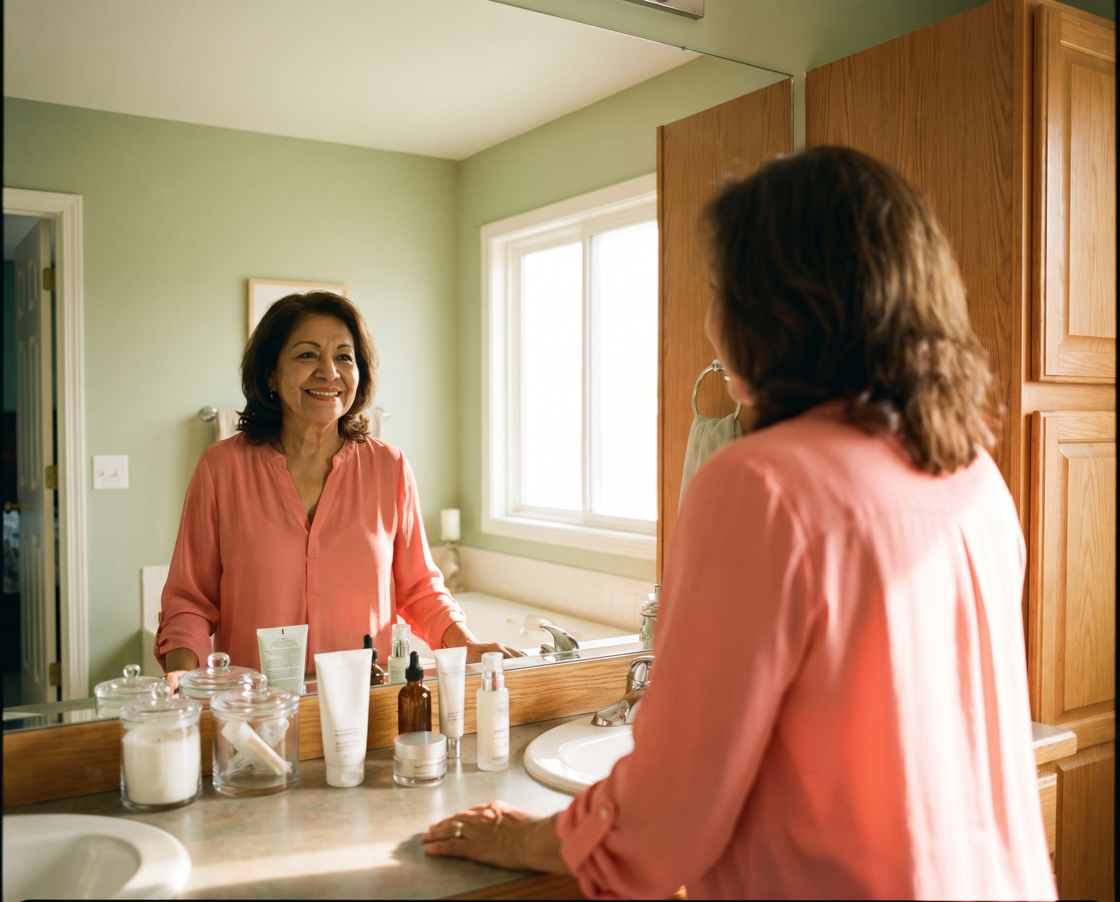 Latina woman in her late 60s smiling at a bathroom mirror in morning light