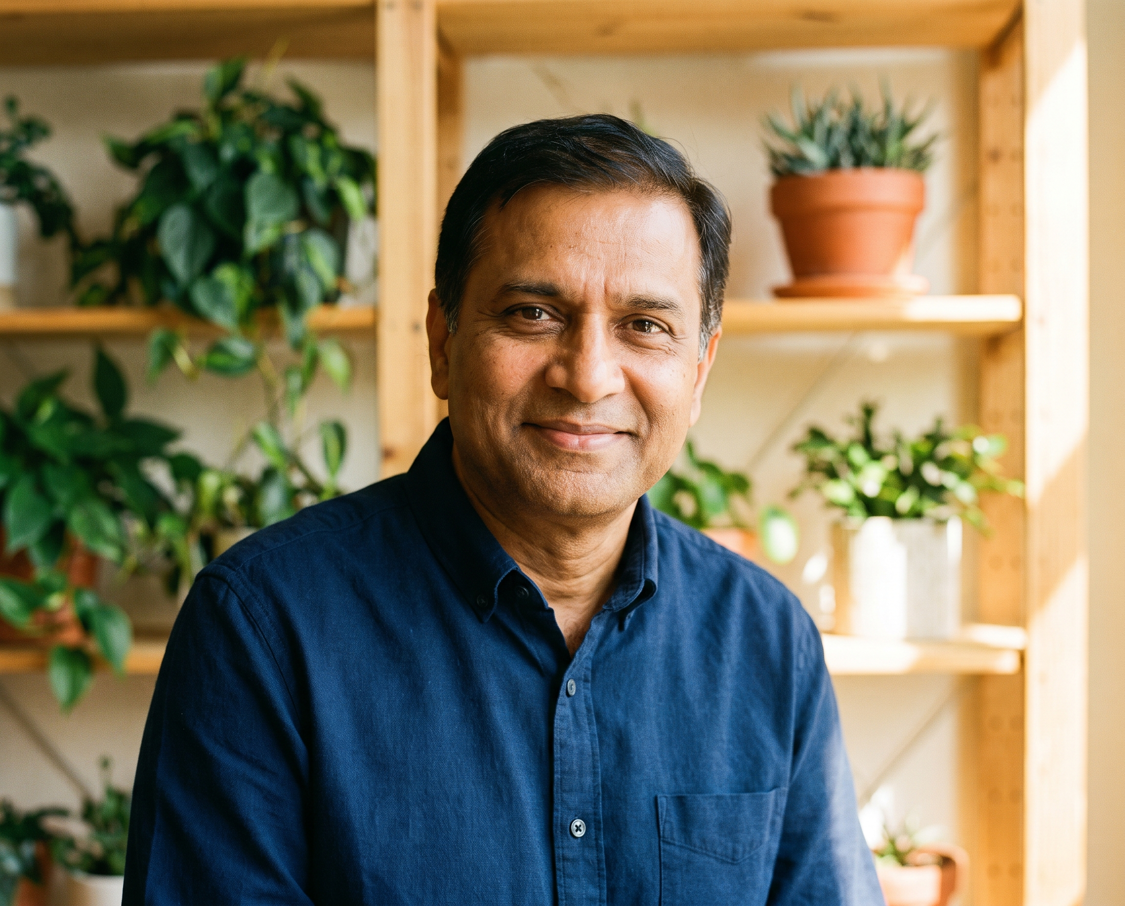 South Asian man in his mid-50s with even skin tone against warm wooden shelving