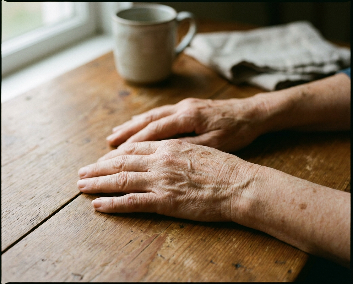 Older adult’s hands resting on a wooden table