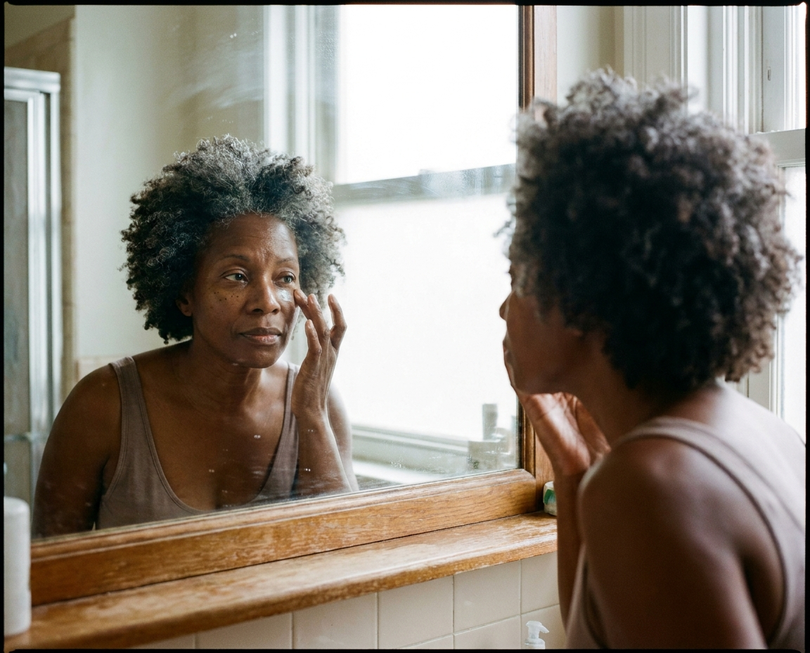 Black woman in her 50s applying eye cream at bathroom mirror in natural daylight