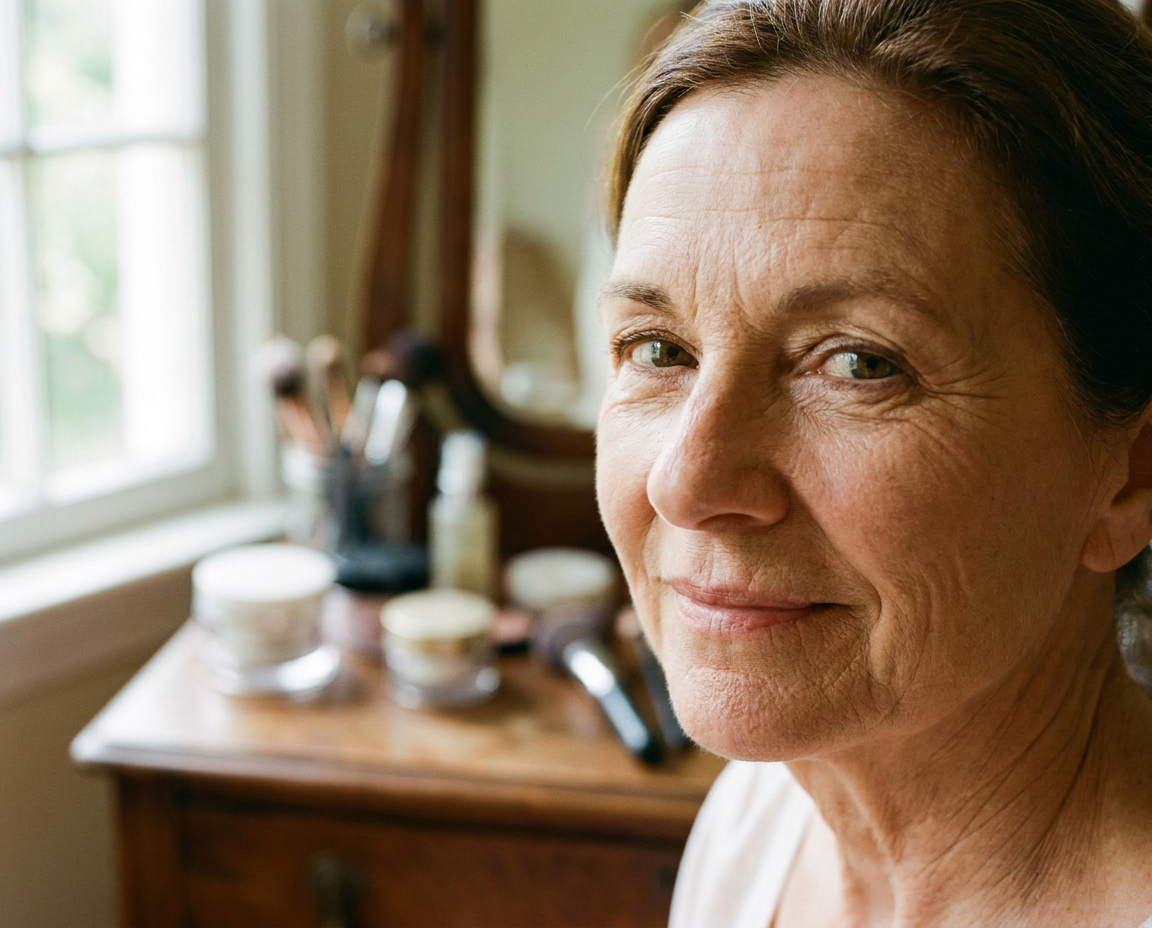 Close-up portrait of Caucasian woman in her 60s with luminous under-eye area at vanity