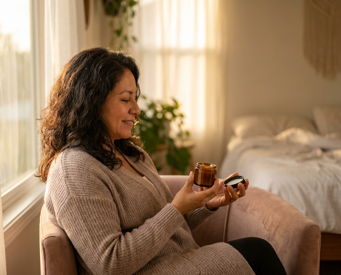 Latina woman in her late 40s holding eye cream jar beside a sunlit bedroom window