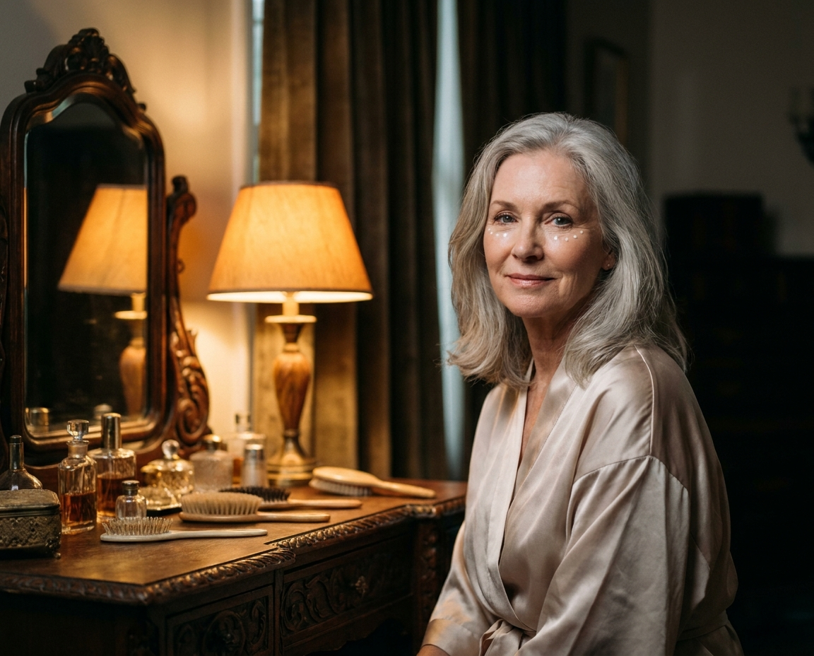 Caucasian woman aged 65 at vintage vanity table with eye cream beneath her eyes