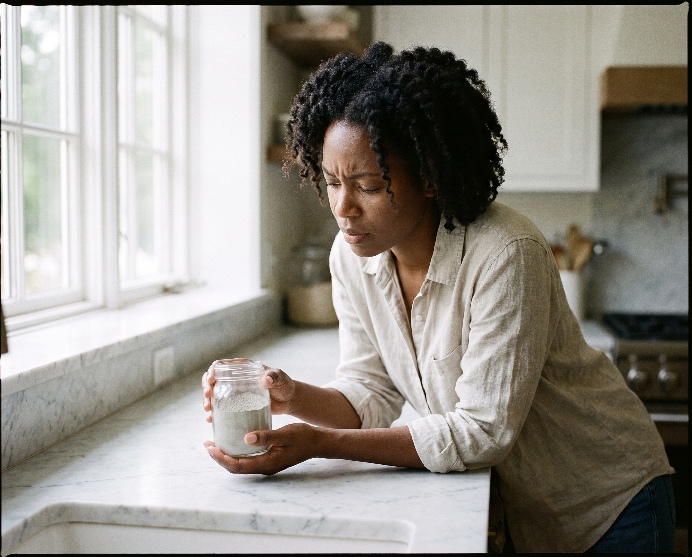 Woman examining a glass jar of pale gray bentonite clay powder on a white marble countertop