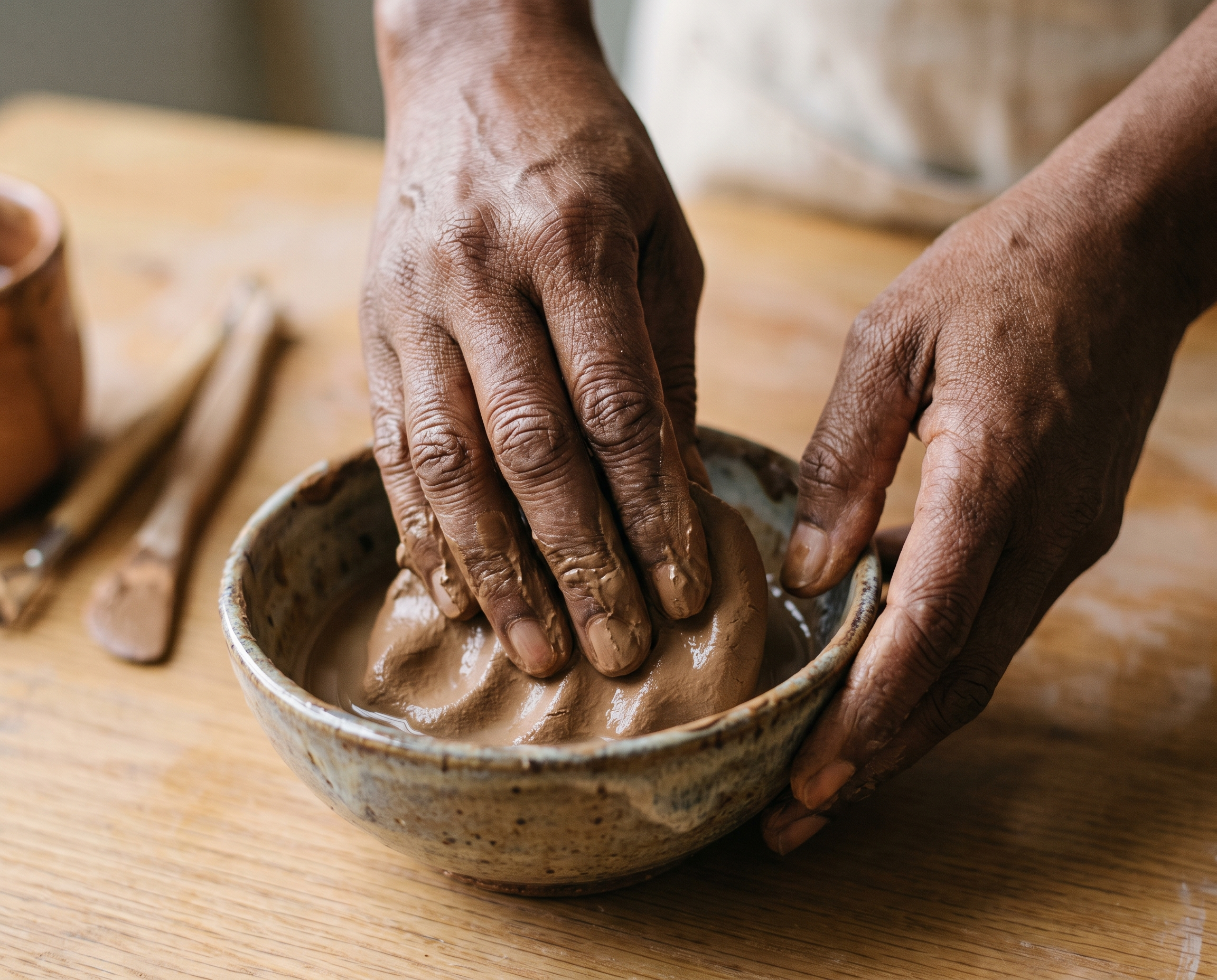 Close-up of hands mixing bentonite clay powder with water in a small ceramic bowl