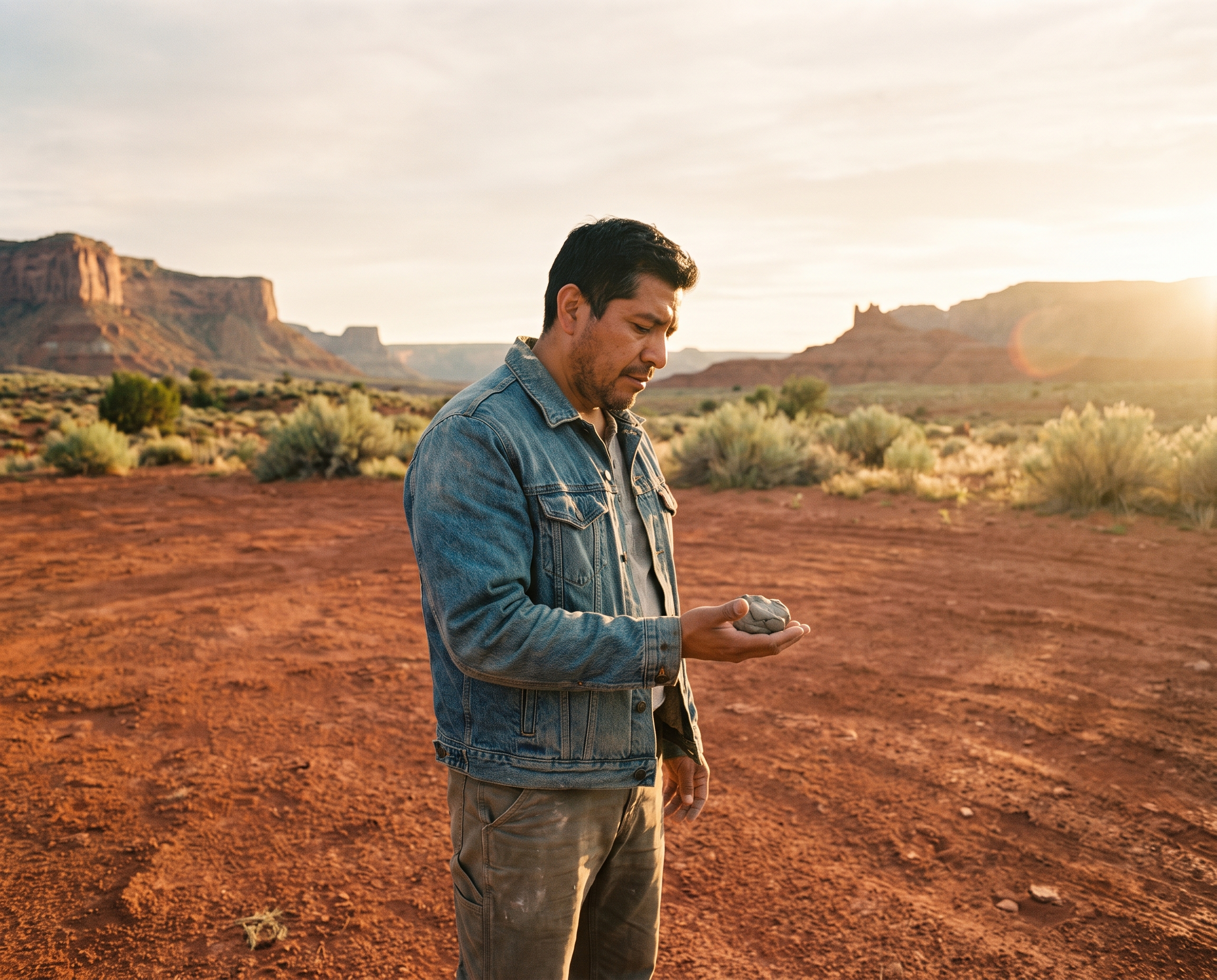 Man holding a piece of gray clay in his palm outdoors in a desert landscape with red earth and open sky