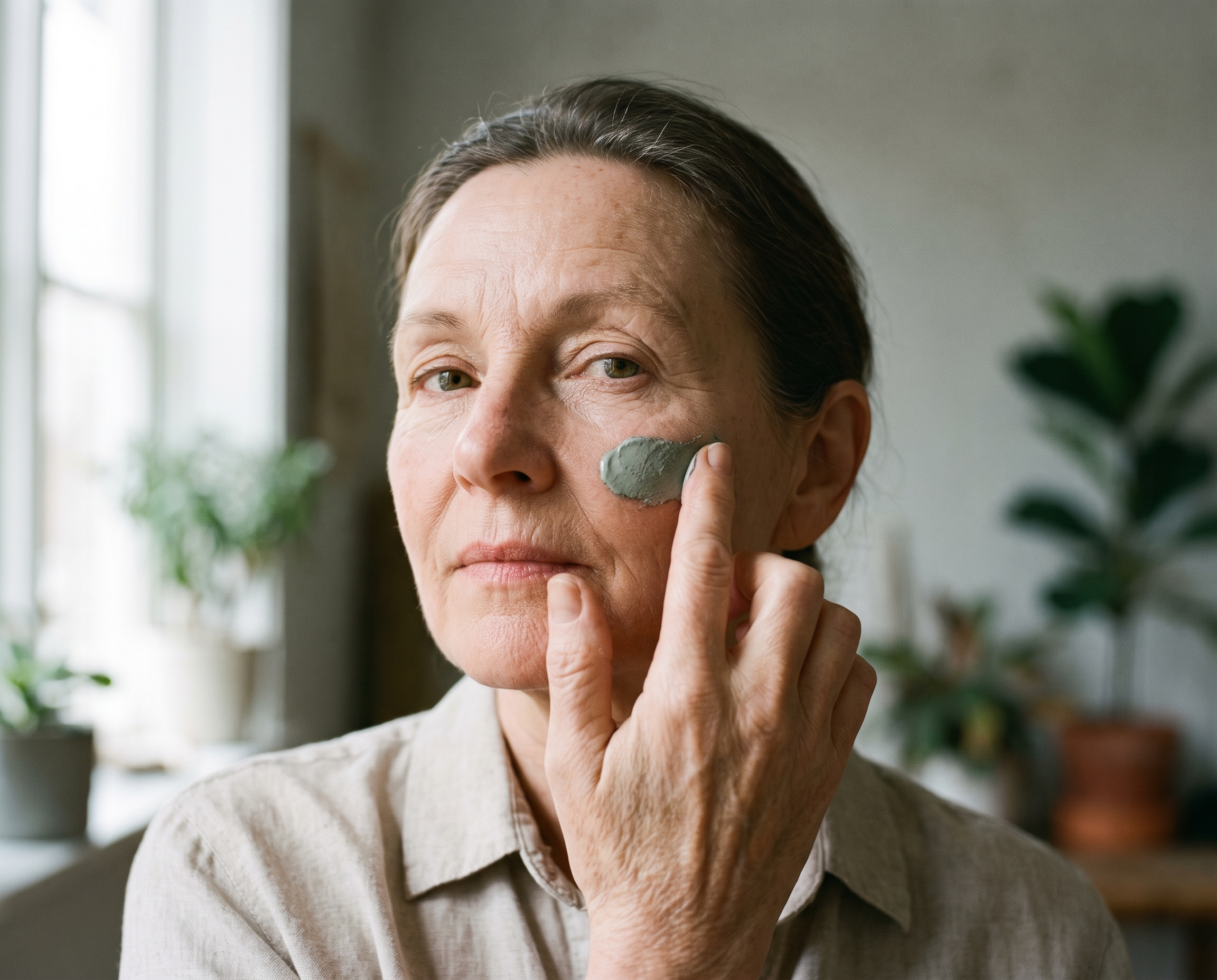 Close-up portrait of a woman in her 60s applying gray-green clay paste to her cheekbone with her fingertip