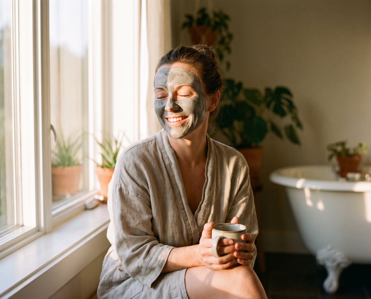 Woman with clay mask enjoys tea by sunny window