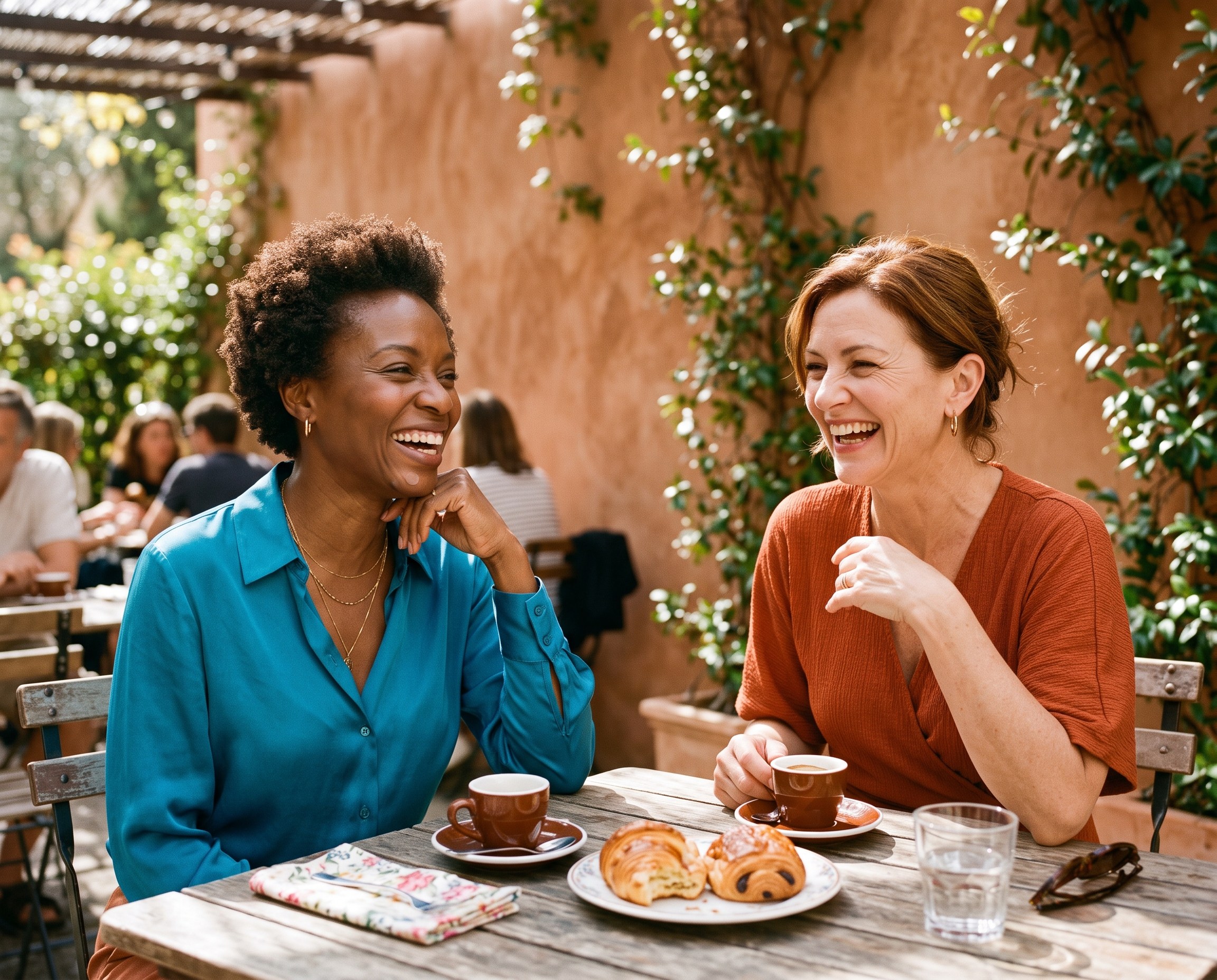 Two women in their late 40s and early 50s laughing at a sunny outdoor cafe table - one in a teal blouse, one in rust orange - one with a barely visible pimple patch on her chin