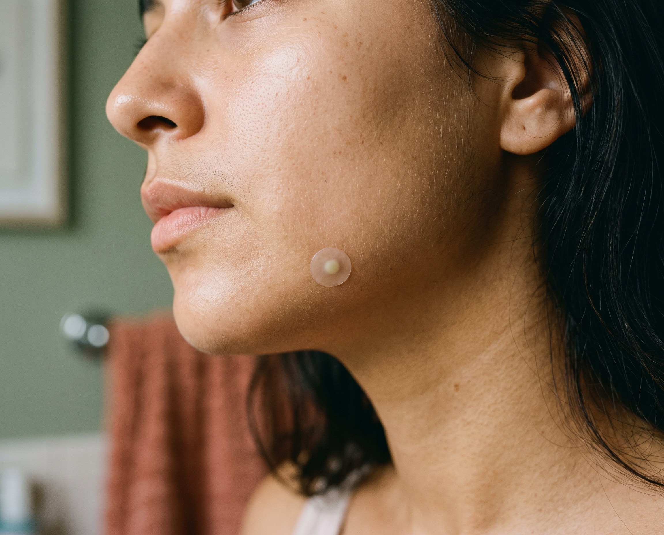 Close-up editorial detail of a round hydrocolloid pimple patch on a woman's jawline, slightly opaque from absorption, soft sage-green bathroom bokeh background