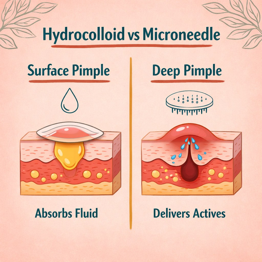 Illustrated infographic comparing hydrocolloid vs microneedle pimple patches in a warm blush-pink two-column layout with teal headers and terracotta accents