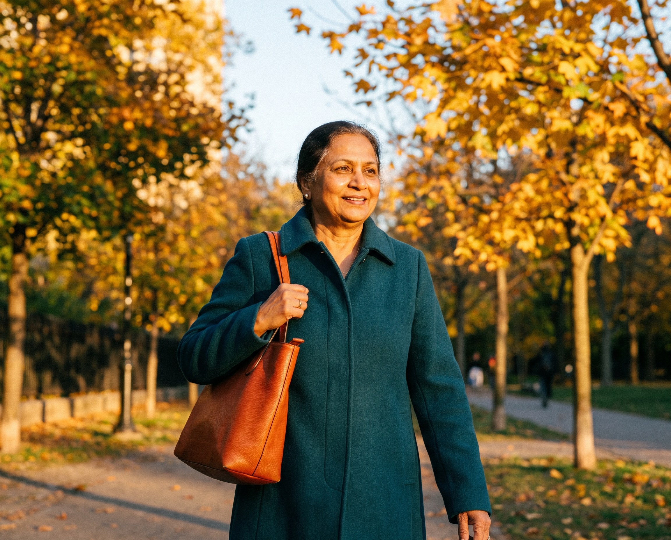 South Asian woman in her early 60s walking through a park in autumn light wearing a deep teal wool coat and carrying a burnt-orange tote bag