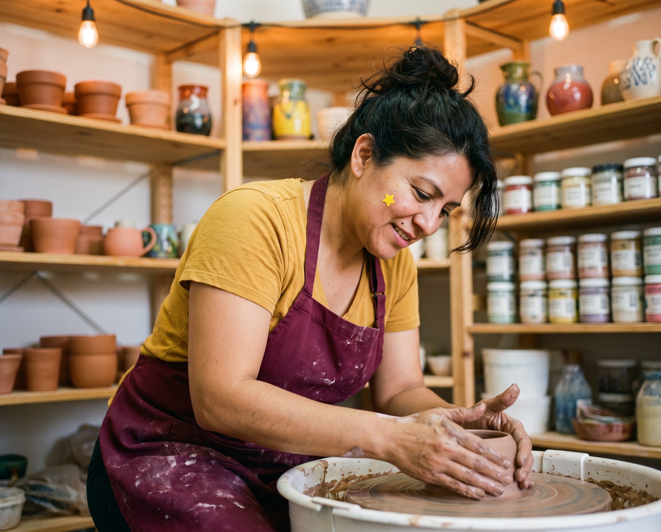Latina woman in her mid-40s at a pottery class with clay-covered hands, wearing a burgundy apron, a yellow star-shaped pimple patch visible on her cheek
