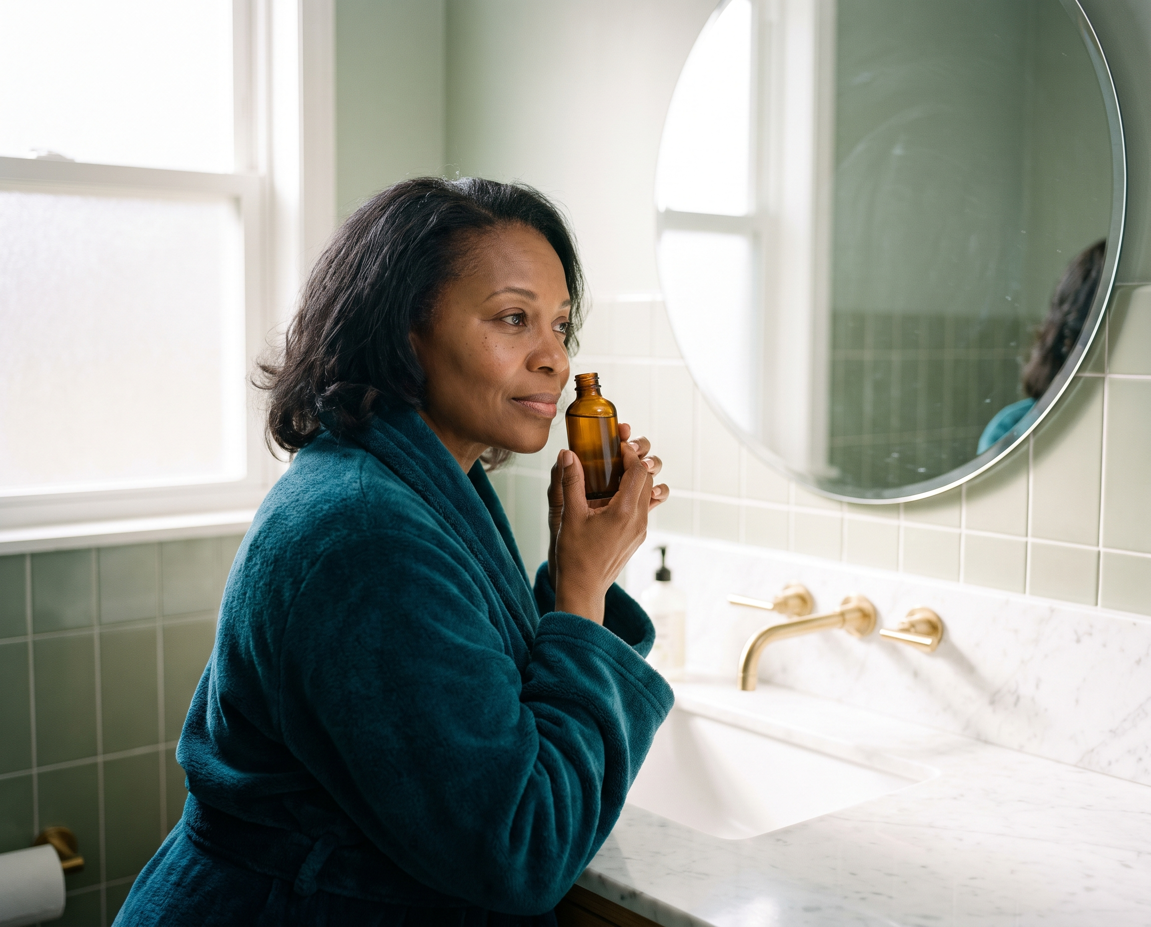 Black woman in a teal robe examining her face in a vanity mirror in a sage green bathroom